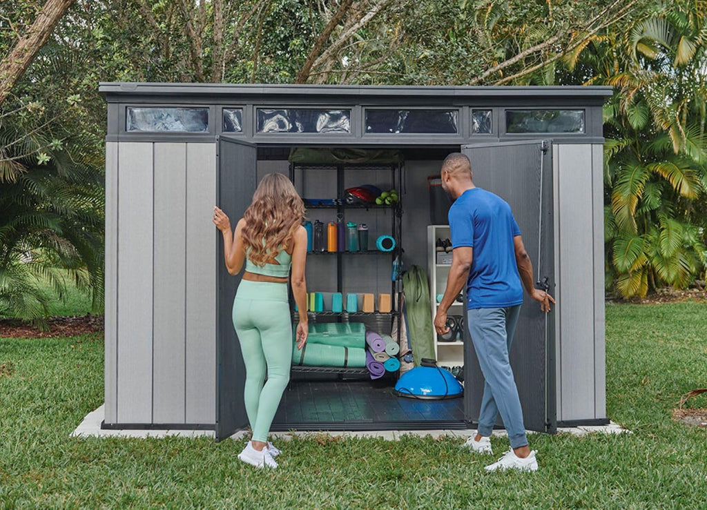 Keter Artisan 11x7 Resin Outdoor Storage Shed, Grey & Black A705