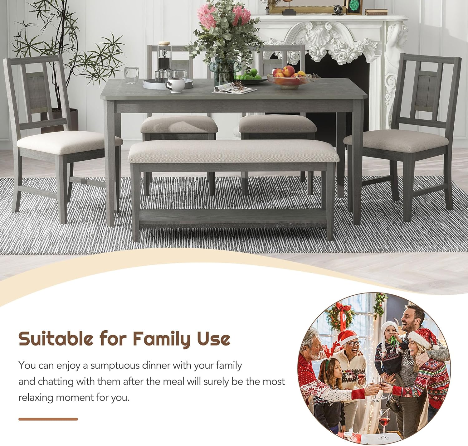 Retro 6-Piece Dining Table Set with 4 Upholstered Chairs and Bench, Solid Wood, Dark Gray Y1797