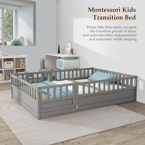 Full Floor Bed with Safety Guardrails for Kids, White A498