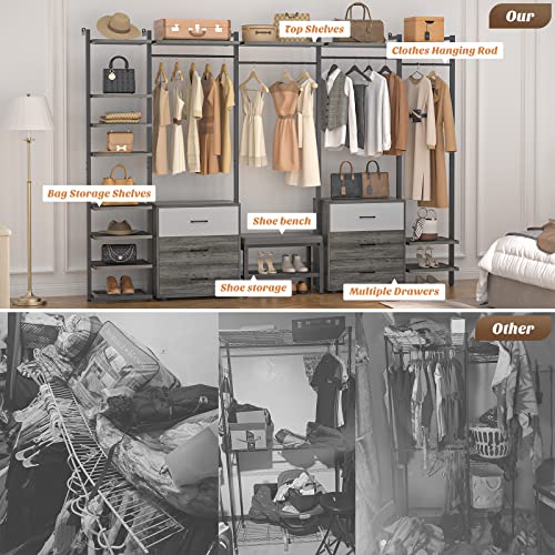 Aheaplus Wall Mounted Garment Rack with 6-Drawers, Grey Oak+Black H594
