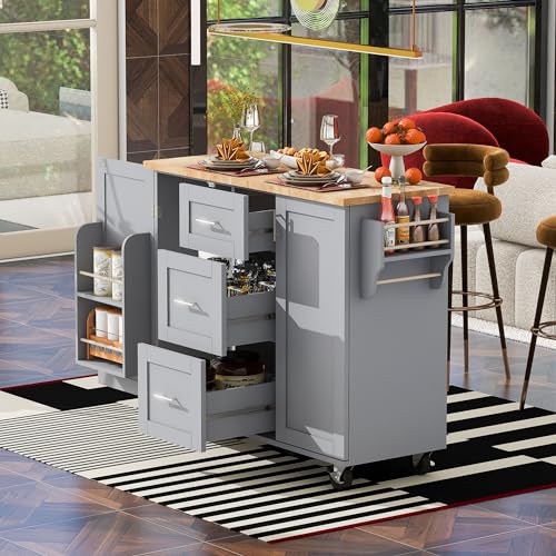 Kitchen Cart with Wood Drop-Leaf Countertop, Kitchen Island on Wheels, Black A523