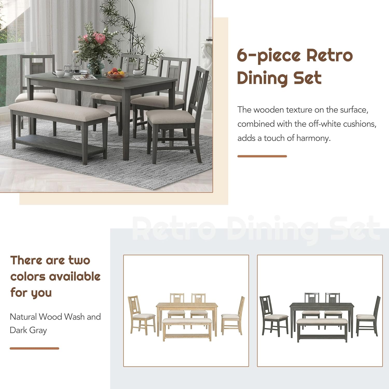 Retro 6-Piece Dining Table Set with 4 Upholstered Chairs and Bench, Solid Wood, Dark Gray Y1797
