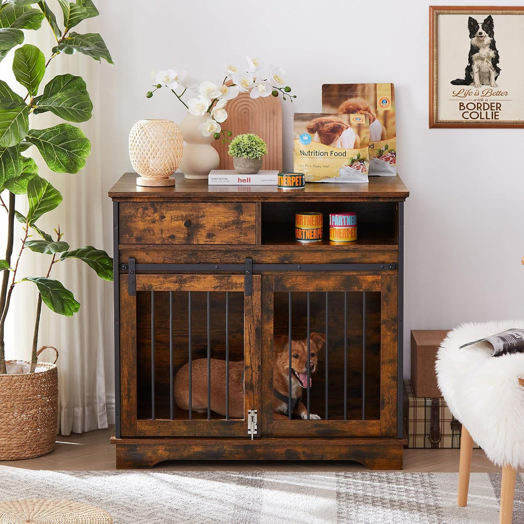 Furniture Style Dog Crate with Sliding Barn Door and Storage Drawers, Rustic Brown B737992