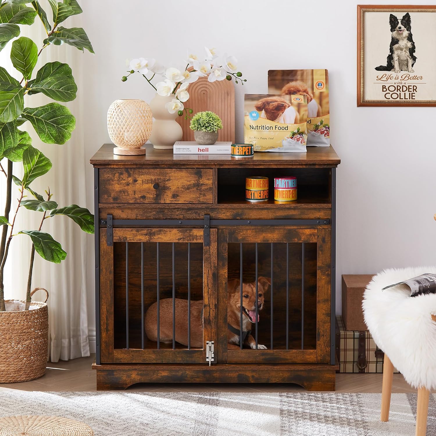 Furniture Style Dog Crate with Sliding Barn Door and Storage Drawers, Rustic Brown B737992