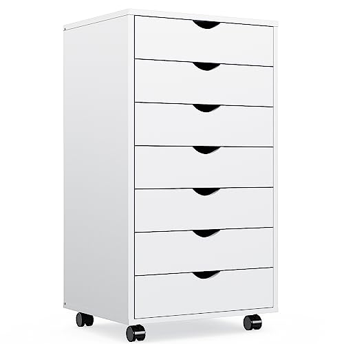 7-Drawer Dressers & Chests of Drawers, Wooden Storage Dresser Cabinet with Wheels, Mobile Chest of Drawers, Wide Storage Space for Living Room, Hallway, Home Office (18.7"D x 15.8"W x 34.3"H),White