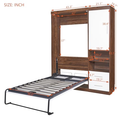 Twin Murphy Bed with Wardrobe and Drawers, Wood Storage Bedframe S1633