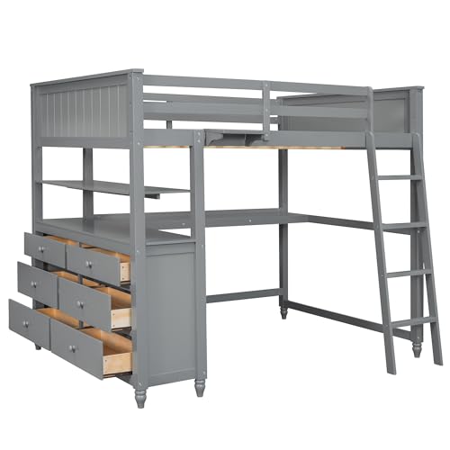 Gray Twin Loft Bed with Storage Cabinet and Desk, Wooden Frame with Bookcase I9318