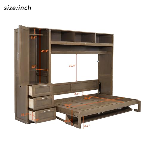 Full Size Murphy Bed Wall Bed with Wardrobe, 3 Drawers and Shelves, Antique Grey T745
