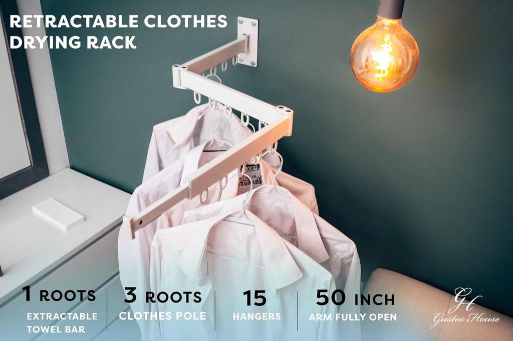 Wall Mounted Drying Rack with Extended Arms, Retractable Clothes Hanger P2953