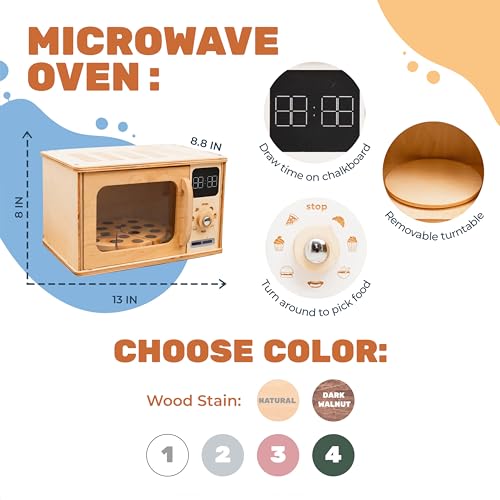 Wooden Kids Microwave Oven Montessori Toy for Toddler Play Kitchen Natural Wood Nursery Decor (Dark Walnut) J582
