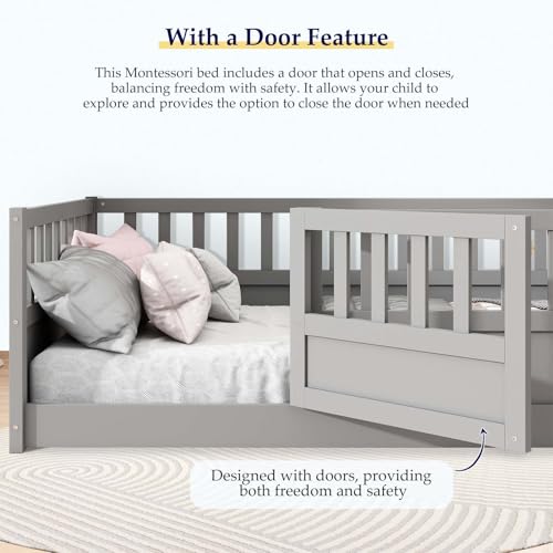 Full Floor Bed with Safety Guardrails for Kids, White A498