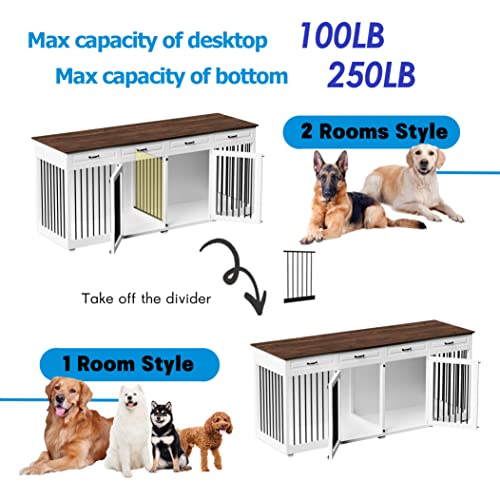 Large Dog Crate Furniture 86.6 Inch Wooden Kennel with Drawers & Divider, White E22647
