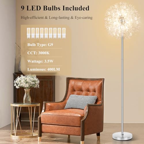 BesLowe 69'' Crystal Floor Lamp with 9 LED Bulbs, Chrome X8132