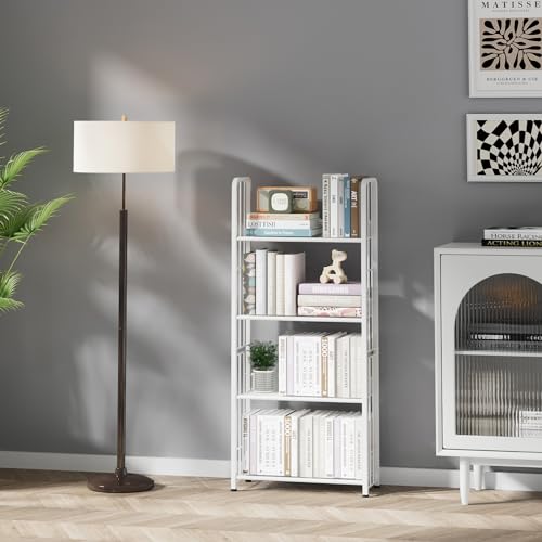 White 5 Tiers Tall Bookshelf Industrial Storage Narrow Bookcase I3706