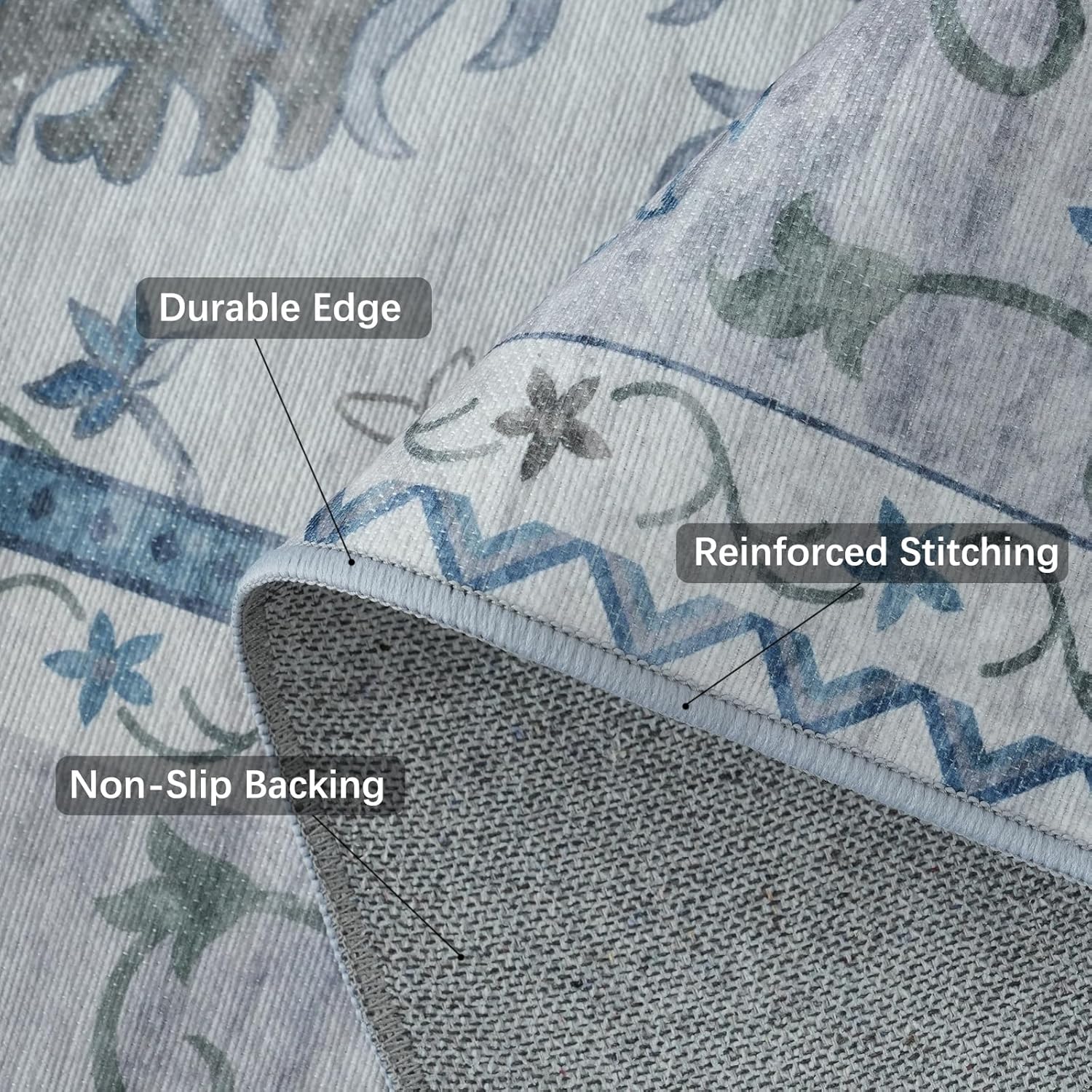 Boho Grey Flower Printed Washable Area Rug 8x10 E2615