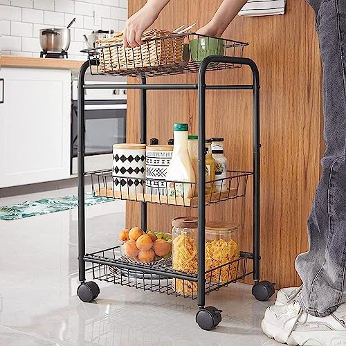 SONGMICS 3-Tier Metal Rolling Utility Cart with Lockable Wheels, Black H714846