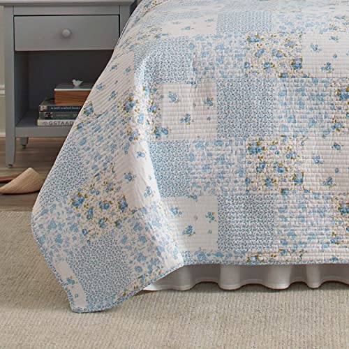 Laura Ashley King Cotton Reversible Quilt Set with Shams, Kenna Blue V86923