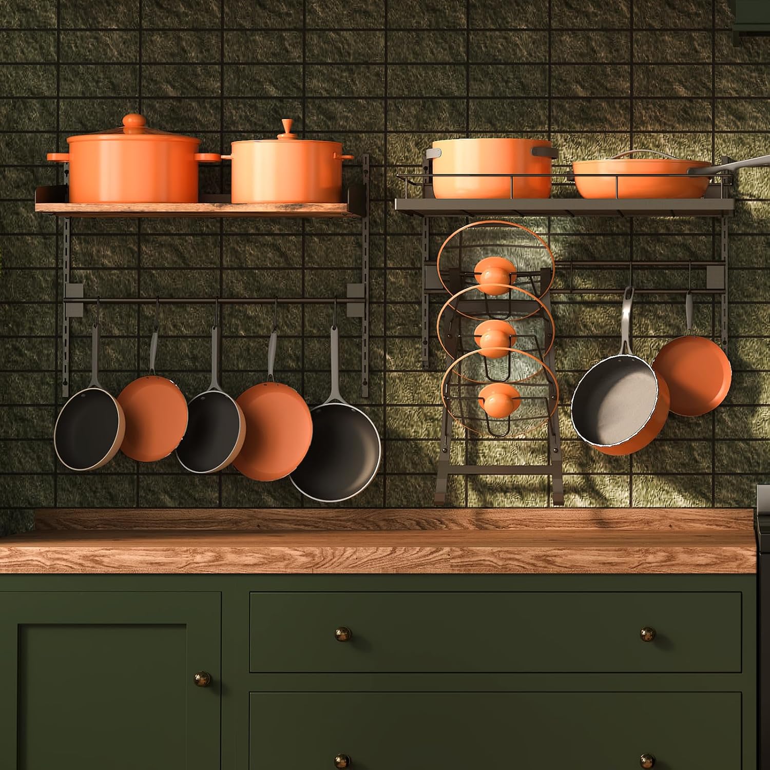 Hanging Pot Rack Wall Mounted 2 Tier with 8 Hooks for Kitchen Storage M925