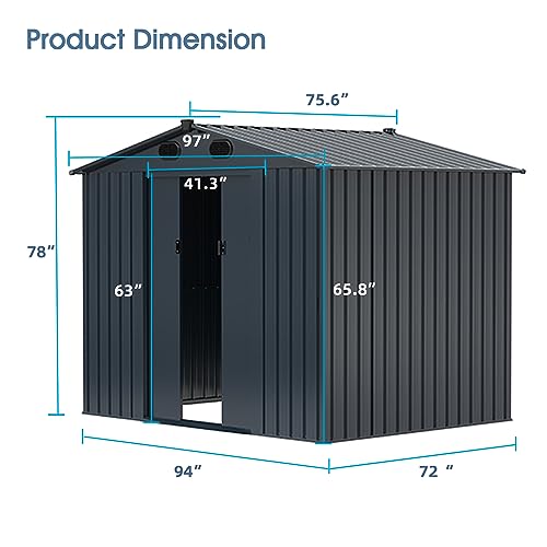 Outdoor Storage Shed 8x6 FT Metal Garden Shed with Lockable Sliding Doors, Dark Gray X9612
