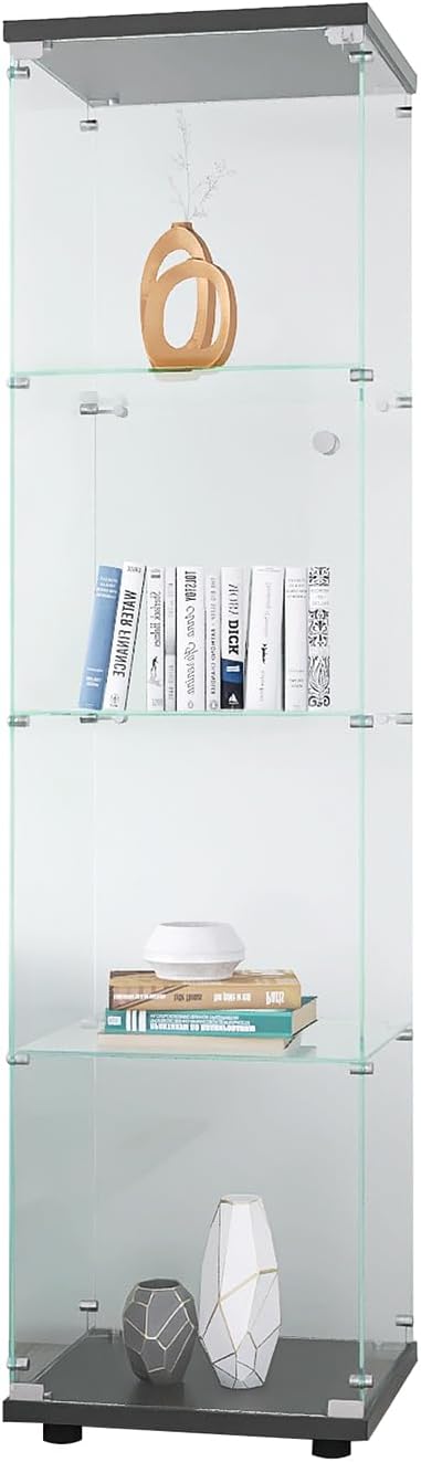 Glass Display Cabinet 4 Shelves with Door,4mm TemperedGlass CurioCabinets Floor Standing Bookshelf for Living Room,Bedroom,Office