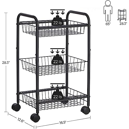 SONGMICS 3-Tier Metal Rolling Utility Cart with Lockable Wheels, Black H714846