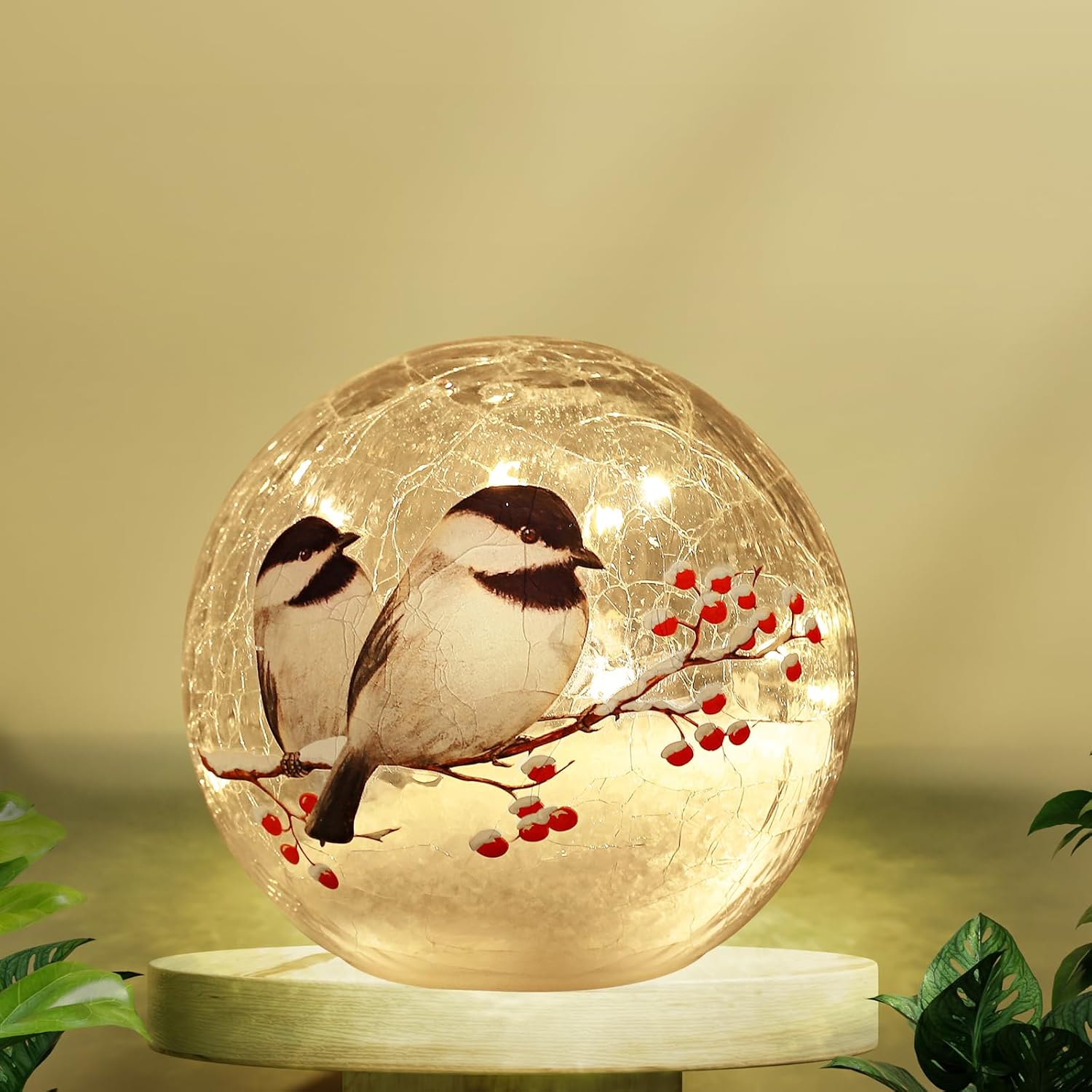 Glass Ball LED Night Lamp with Timer, 2 Birds on a Tree, Battery Powered R11635