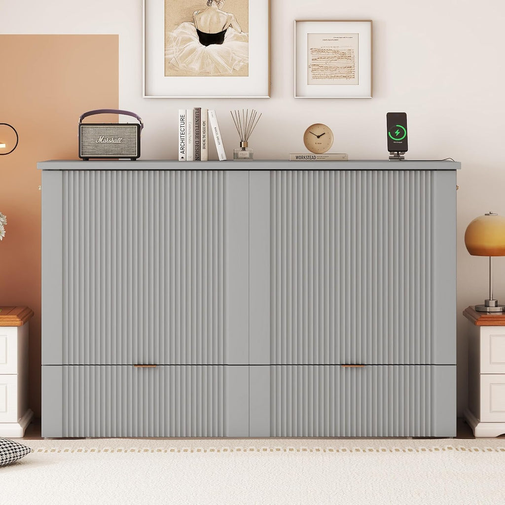 Murphy Bed Wall Bed with Storage Drawers, Foldable Platform Bed, Gray Full Size with USB Ports Q180395