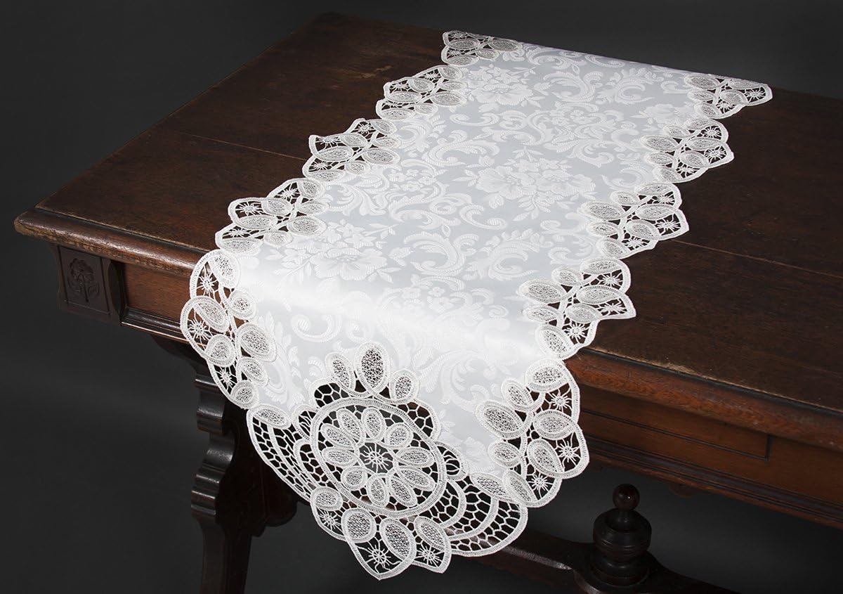 Antebella Lace Embroidered Cutwork Table Runner, 15 by 34-Inch, White O5288