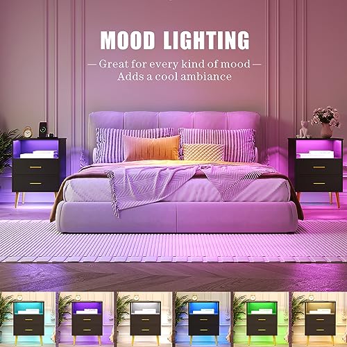 Nightstand Set of 2 with Charging Station and LED Light, Wood Bedside Table with 2 Drawers, Grey T490