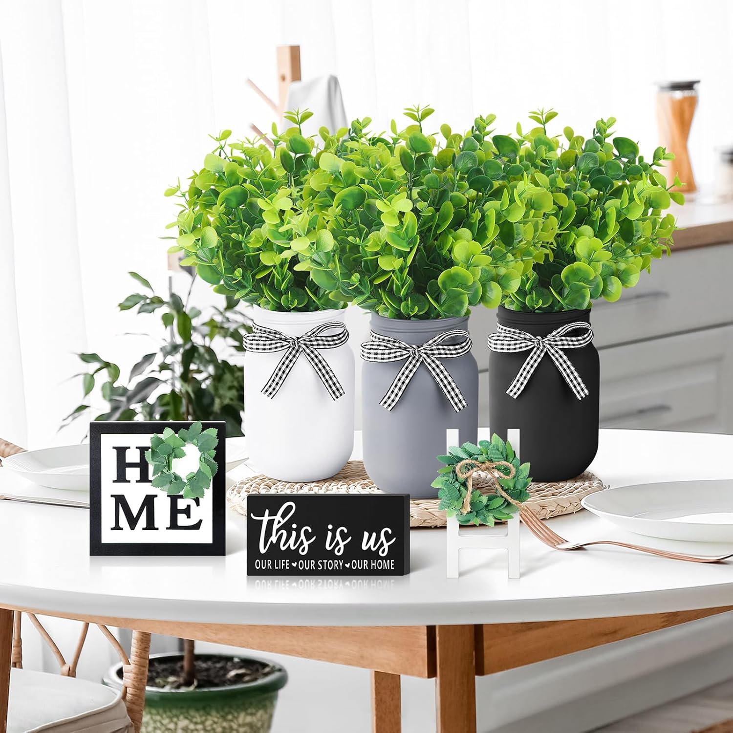 Jexine 12 Pcs Eucalyptus Mason Jar Table Centerpieces Farmhouse Tiered Tray Decor J83133