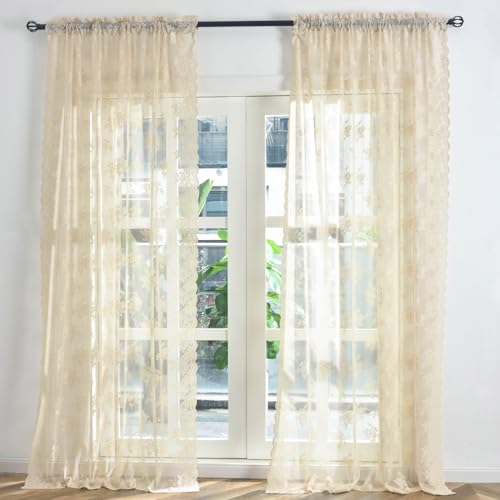 Kotile Ivory Lace Curtains 63 Inch Length 2 Panels Set, Scalloped Edge, Grommet H87710