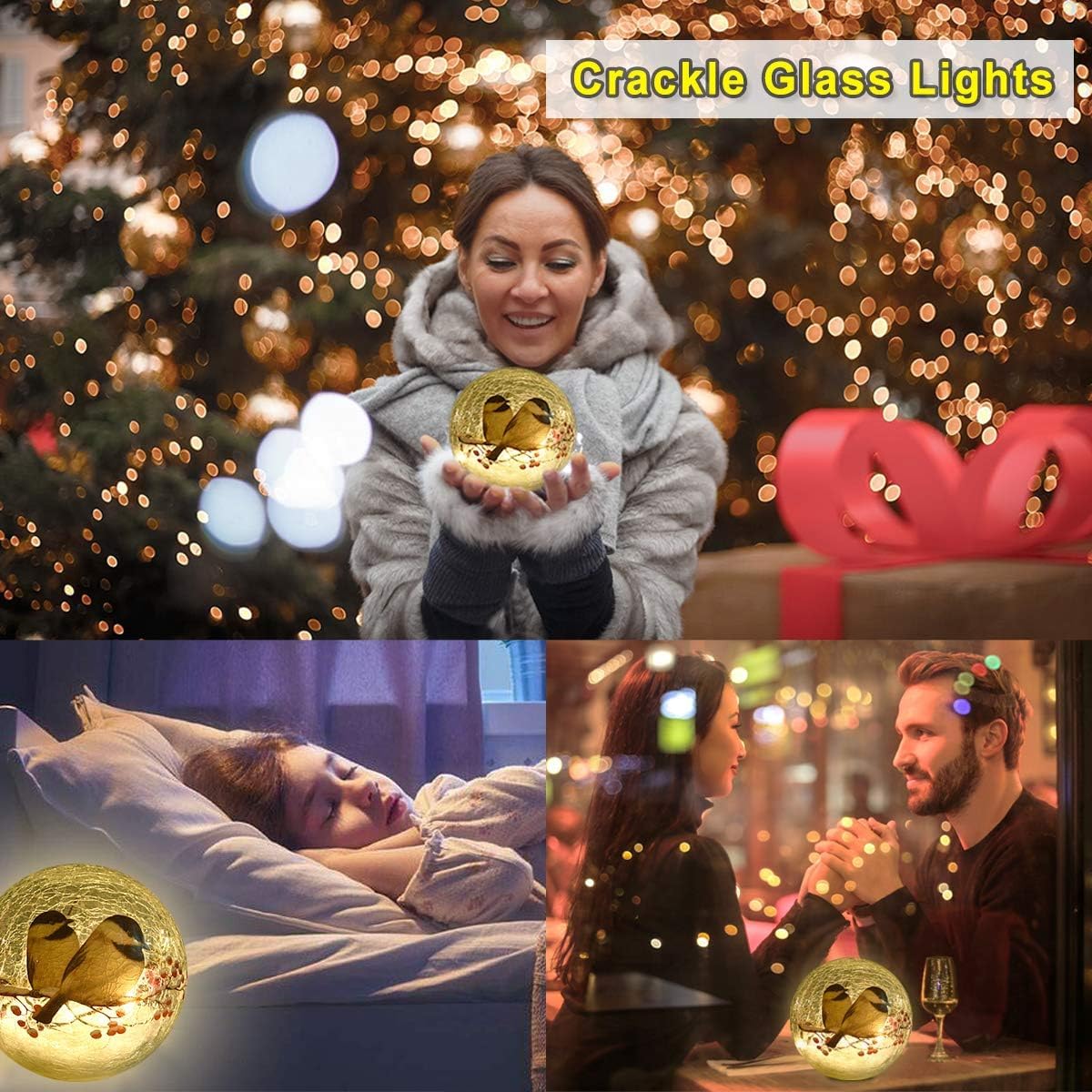 Glass Ball LED Night Lamp with Timer, 2 Birds on a Tree, Battery Powered R11635