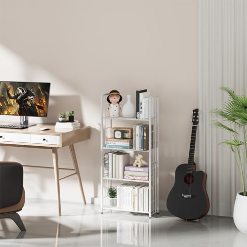White 5 Tiers Tall Bookshelf Industrial Storage Narrow Bookcase I3706