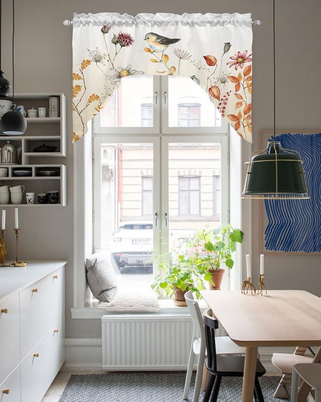 Fall Flower Bird Swag Valance Kitchen Curtains, Rod Pocket, Eucalyptus Leaves 56''x36'' X32867