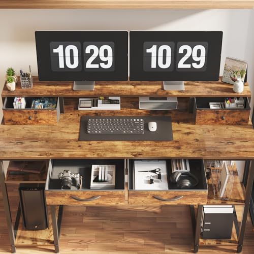Treesland 55 Inch Computer Desk with Monitor Shelf and 4 Drawers, Brown H215288