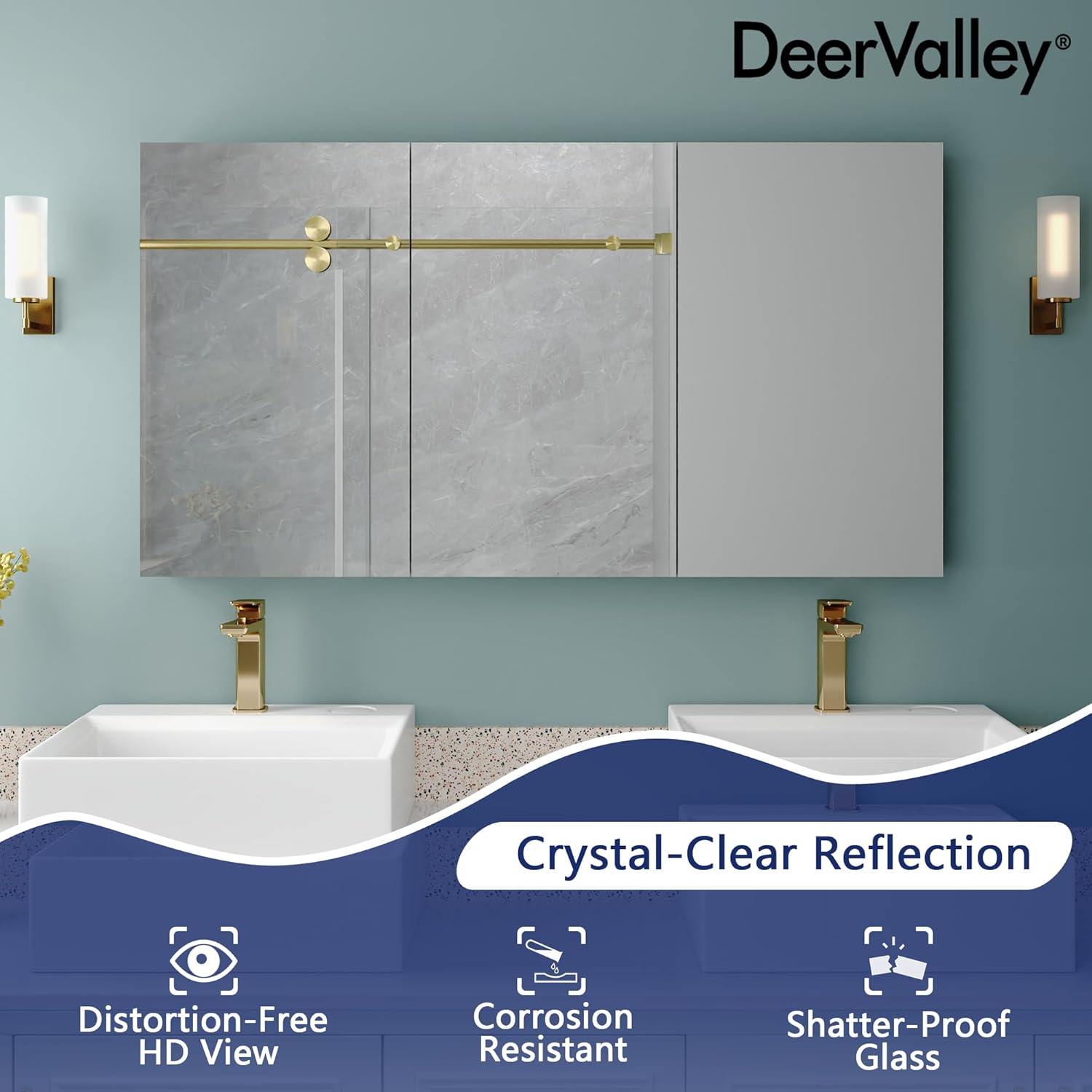 DeerValley 48 inch Aluminum 3 Door Frameless Wall Mount Medicine Cabinet with Mirror S776