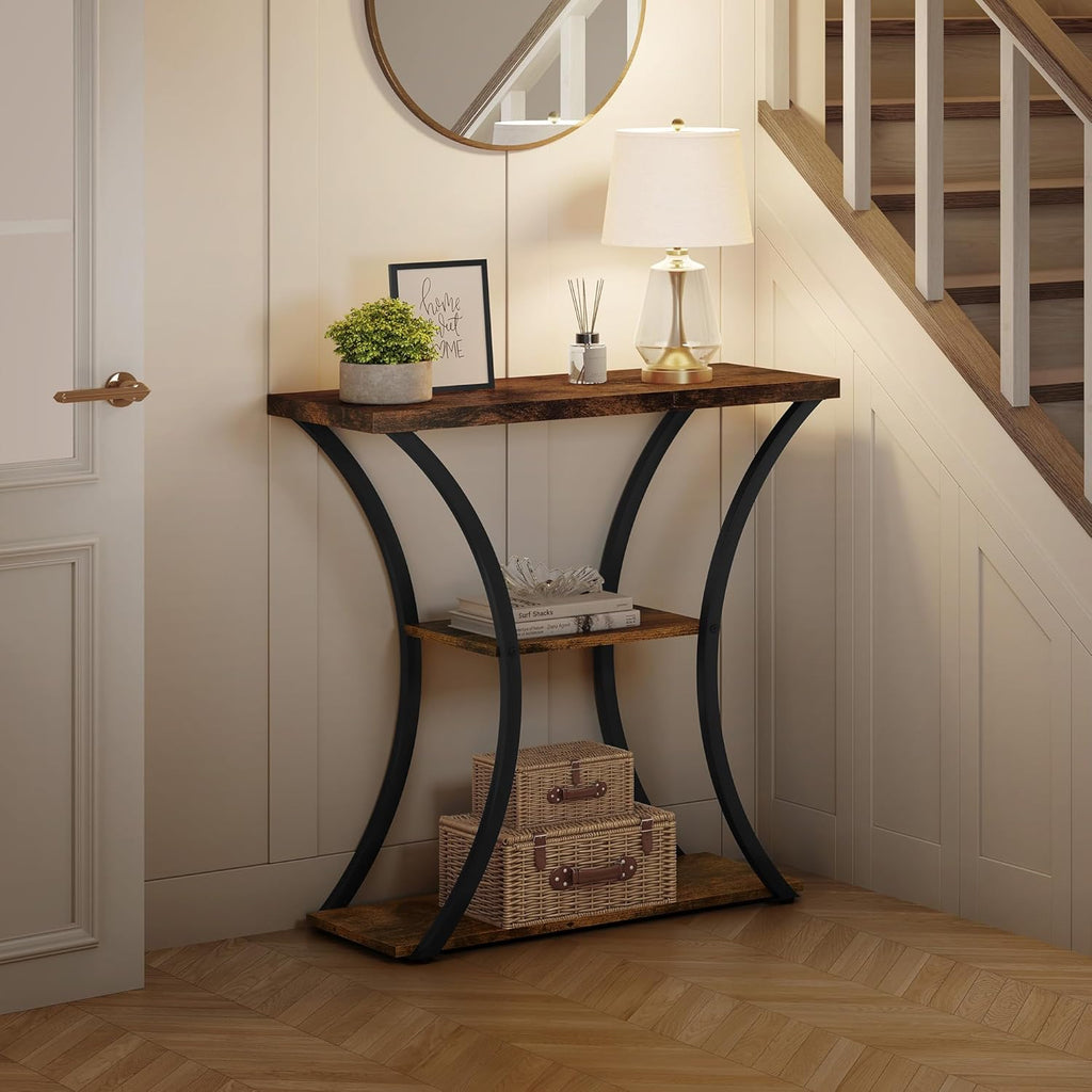 Hoctieon 3 Tier Console Table with Open Wood Shelves, Curved Metal Frames, Rustic Brown+Black E862