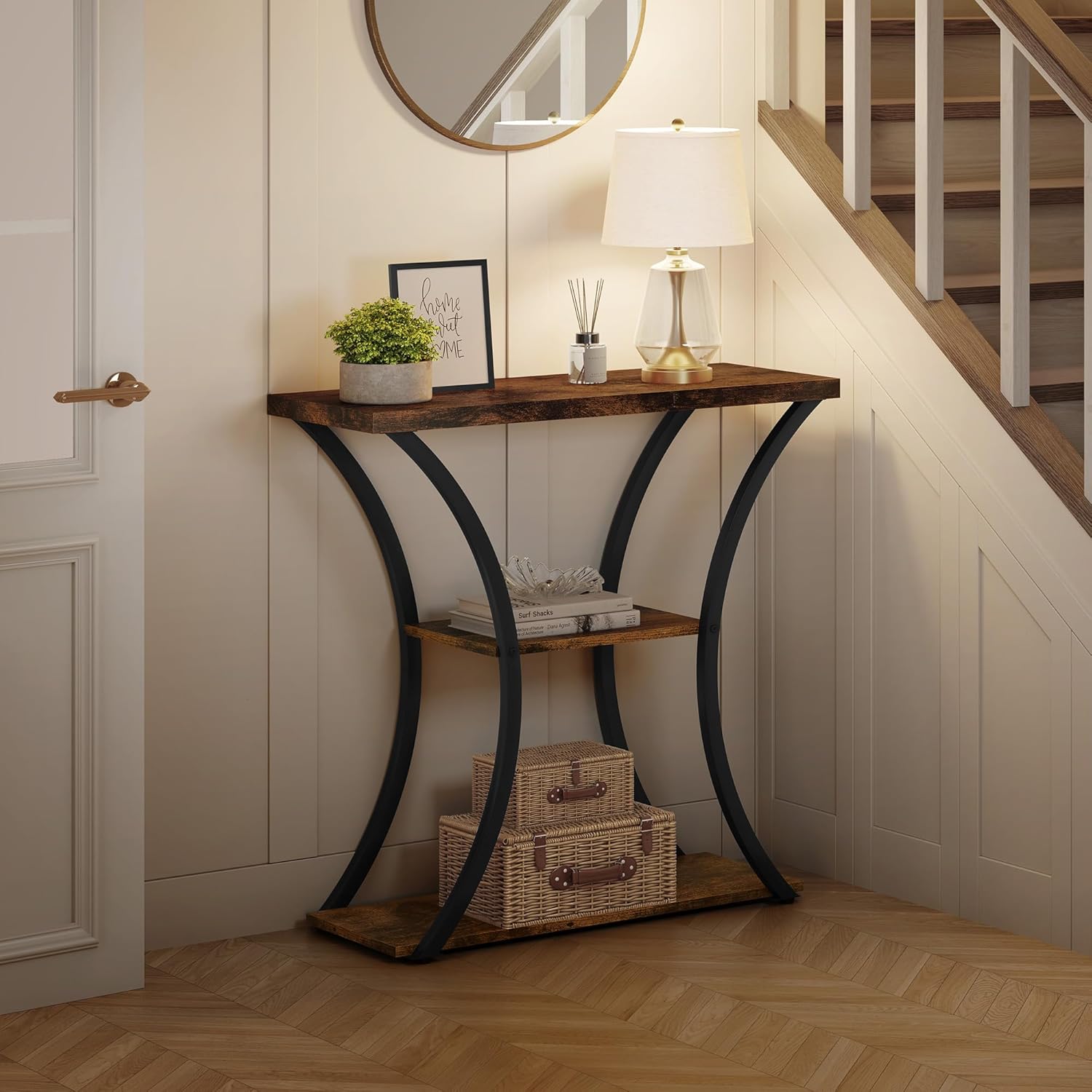 Hoctieon 3 Tier Console Table with Open Wood Shelves, Curved Metal Frames, Rustic Brown+Black E862