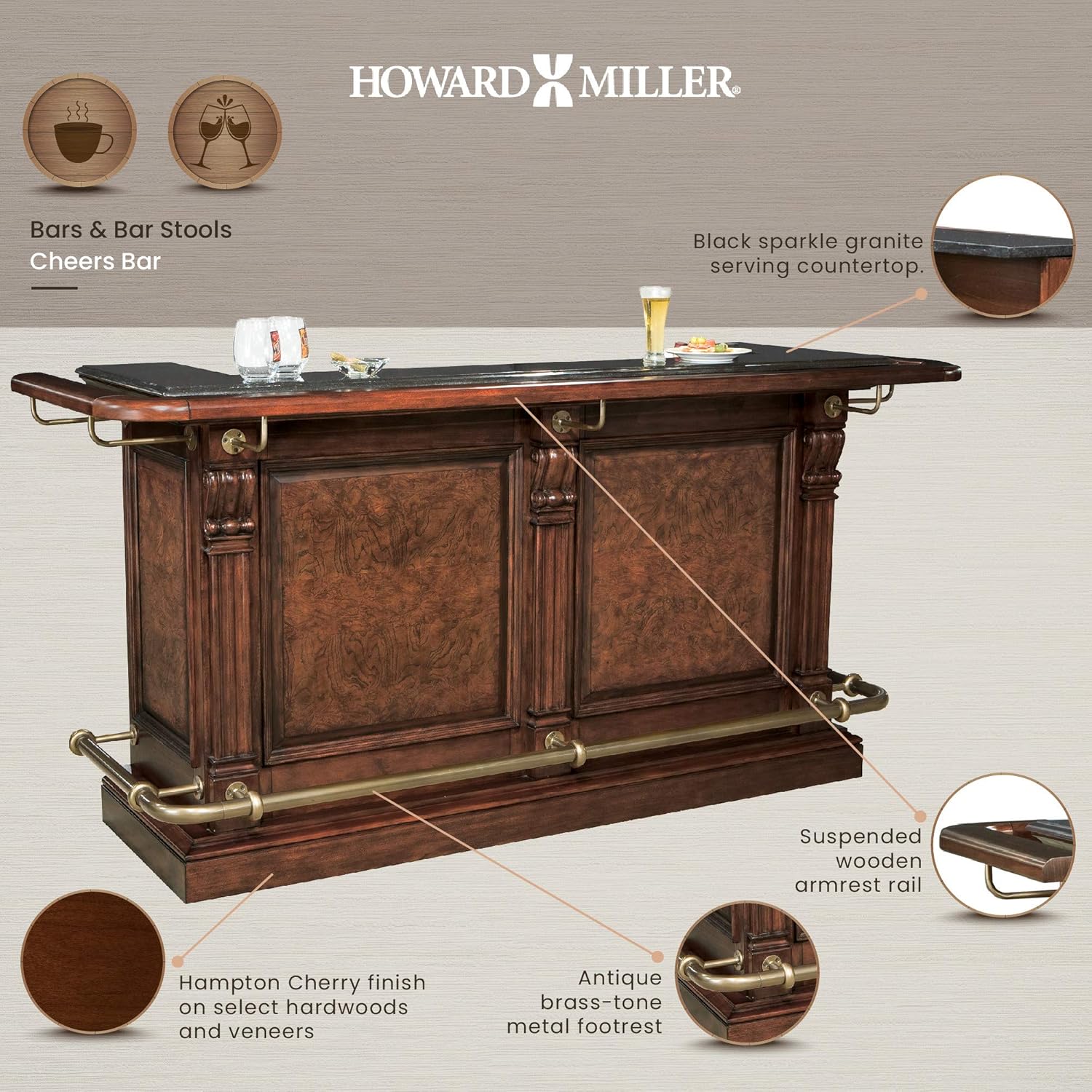 Howard Miller Cheers Bar 693-027 Hampton Cherry Finish Home Bar with Locking Door L4275