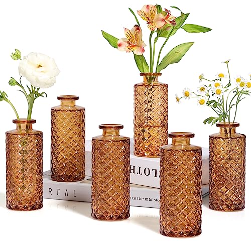 ComSaf Glass Bud Vases Set of 12, Small Diamond Bud Vases in Bulk, Mini Flowers Vases for Centerpieces, Vintage Decor Centerpiece for Table, Wedding Recepetion, Home, Gift (Gradient Amber)