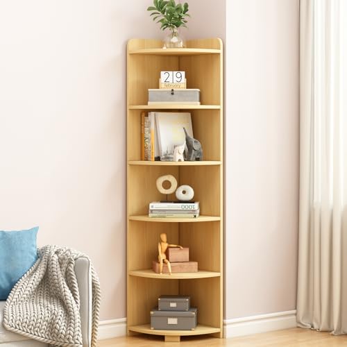 IOTXY 6-Tier Open Corner Shelf - 71" Tall Wooden Floor Standing Corners Bookshelf Rack Stand, Oak