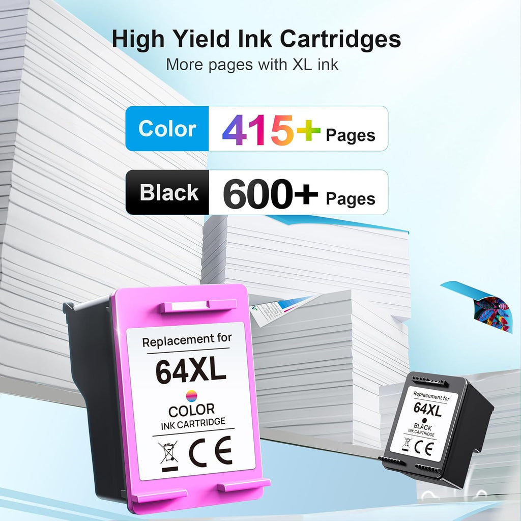 Remanufactured Ink Cartridge for HP 64 64XL, Envy Photo & Tango Printers (1 Black, 1 Color) X33886