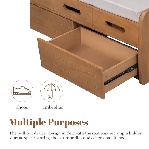 Rustic Wooden Storage Bench with 2 Drawers and Cushion, White O766