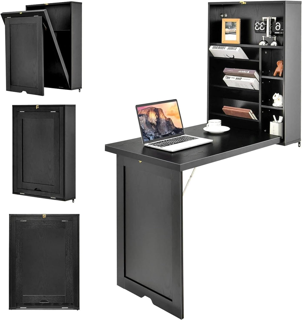 Wall Mounted Desk, Multi-Function Home Office Workstation with Storage Shelves, Space Saving Fold Out Convertible Floating Table for Bedroom, Living Room, Study Room, and Small Spaces (Black)