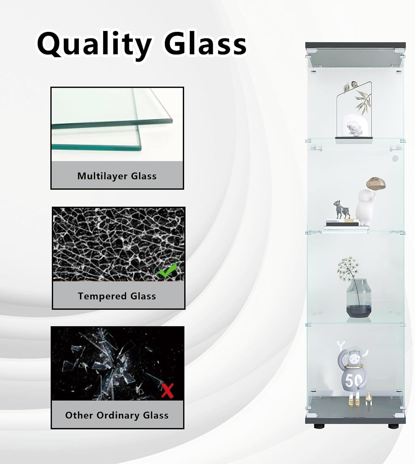 Glass Display Cabinet 4 Shelves with Door, Tempered Glass Curio Cabinet K215