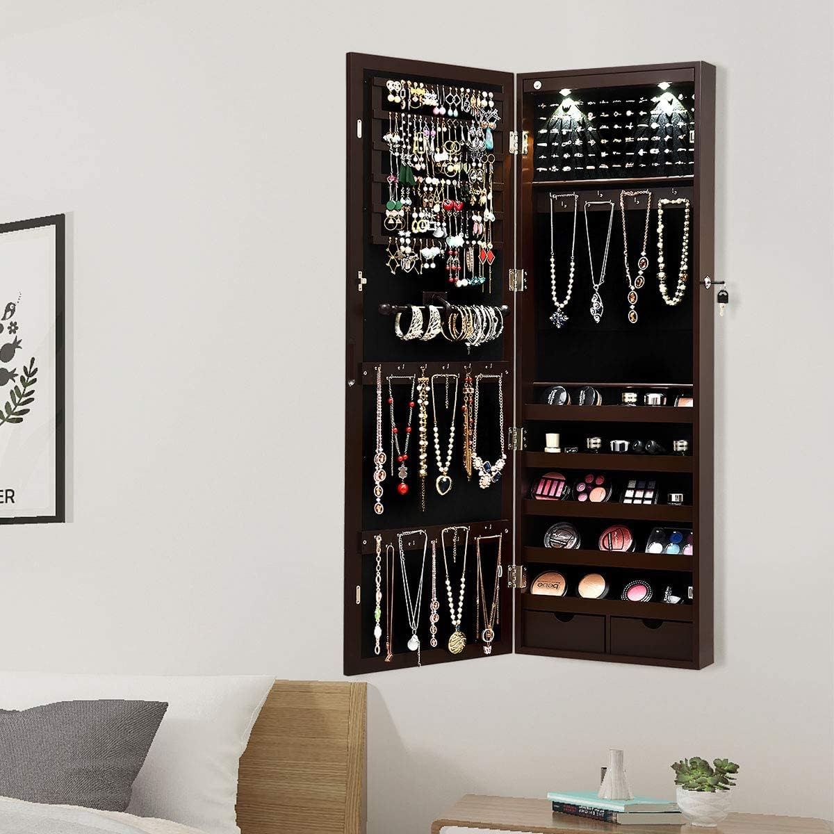 Giantex Jewelry Armoire Wall Door Mounted with Full Length Mirror, Lockable, Espresso Y32742