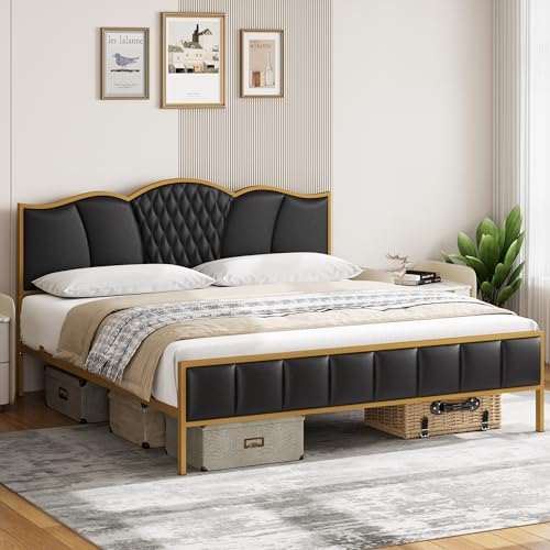 King Bed Frame with Headboard, Faux Leather, Tufted, No Box Spring Needed A8278