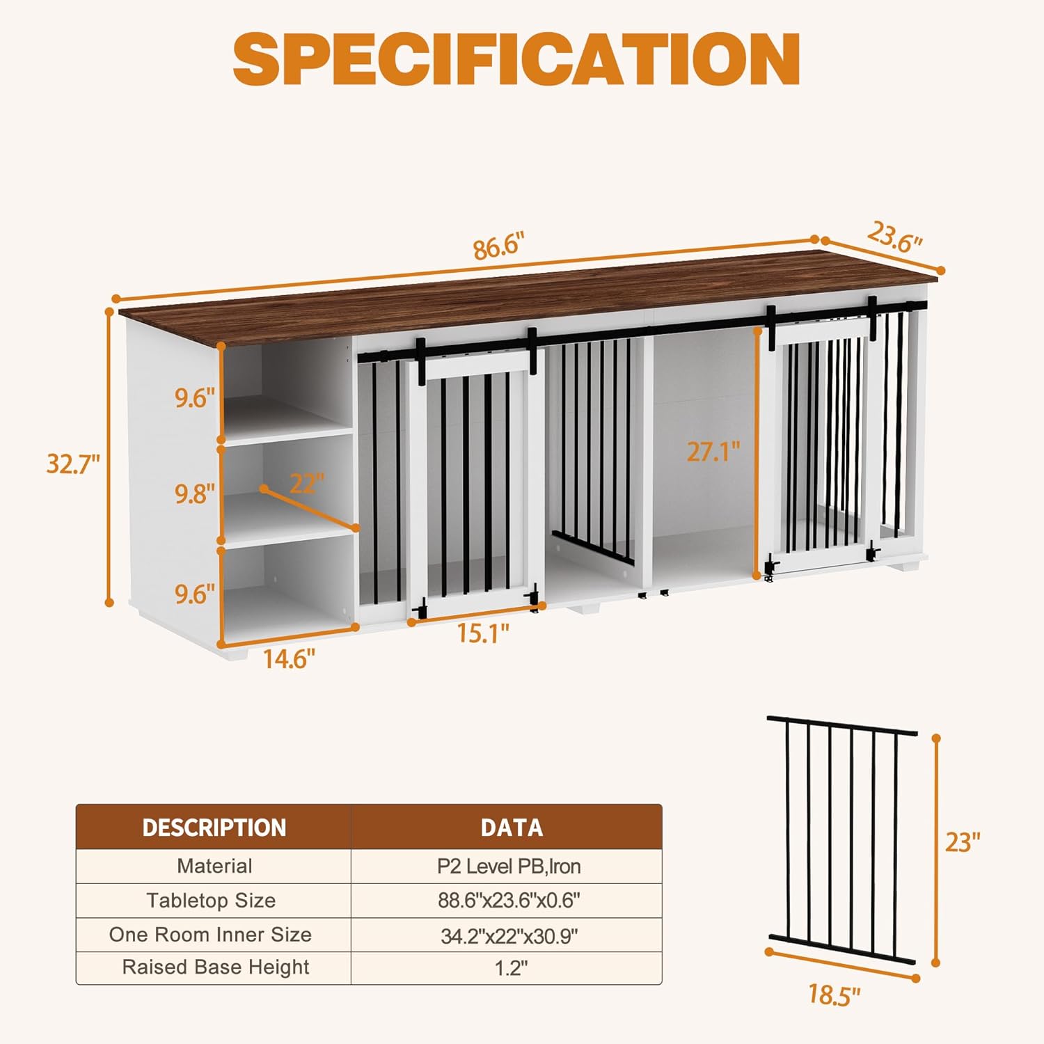 Large Dog Crate Furniture 86.6" Wooden Kennel for 2 Dogs with Shelves, White N47059