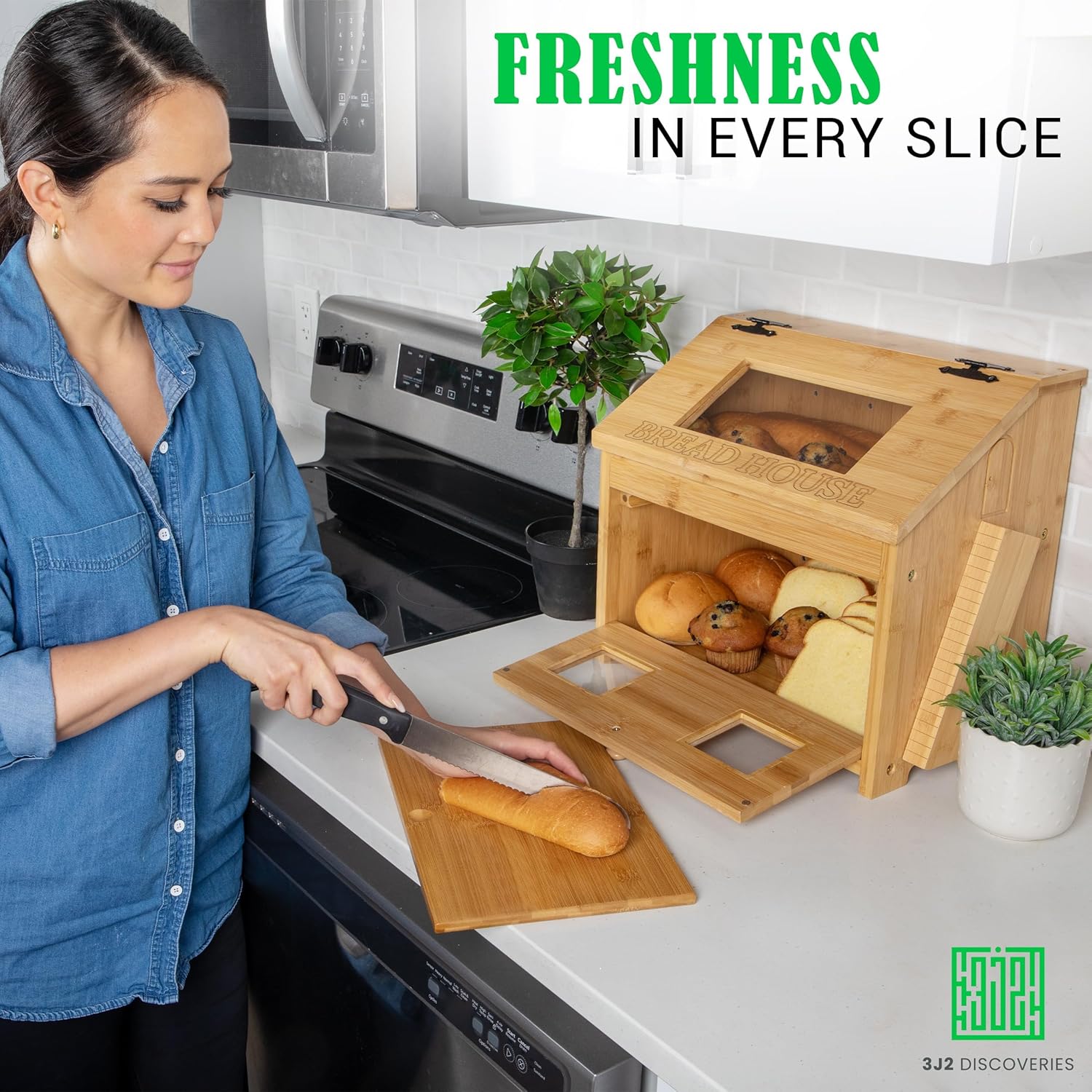 Bamboo Bread Box for Kitchen Countertop with Cutting Board J958281