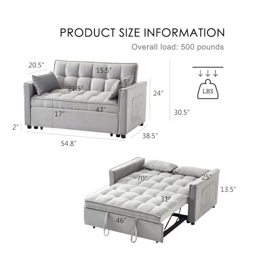 Convertible Sleeper Sofa Bed, Velvet Futon Couch with Adjustable Backrest, Beige K619012